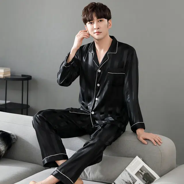 俏佳人 丝滑冰丝高级感开衫翻领简约纯色休闲家居服亲肤舒适透气长袖长裤睡衣套装 男款
