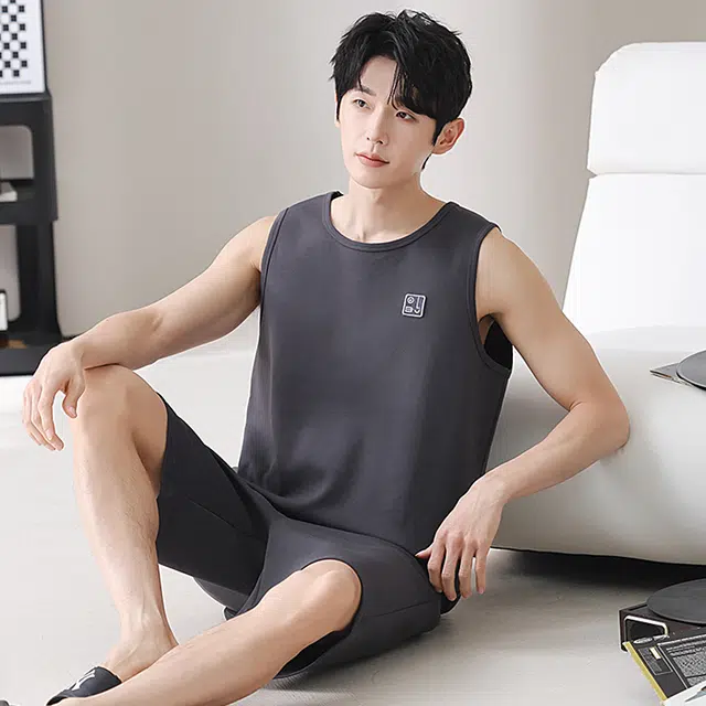 俏佳人 纯棉舒适透气家居服慵懒休闲背心睡衣套装 男款