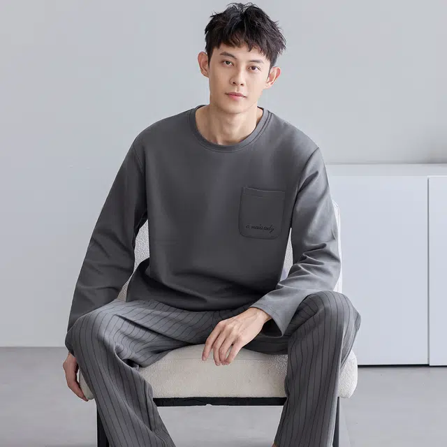 俏佳人 纯棉简约休闲纯色圆领套头条纹可外穿家居服舒适亲肤透气长袖长裤睡衣套装 男款