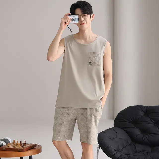 俏佳人 纯棉舒适透气简约套头可外穿休闲慵懒风背心家居服睡衣套装 男款