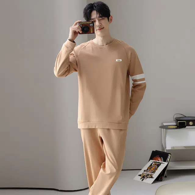 俏佳人 纯棉圆领套头休闲宽松柔软舒适可外穿长袖长裤简约时尚家居服睡衣套装 男款