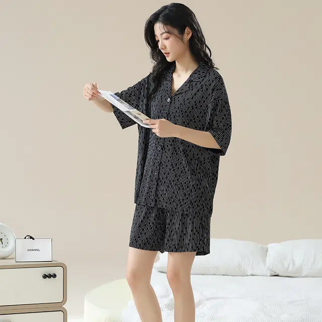 俏佳人 基础柔软亲肤复古休闲开衫慵懒宽松短袖短裤家居服睡衣套装 女款