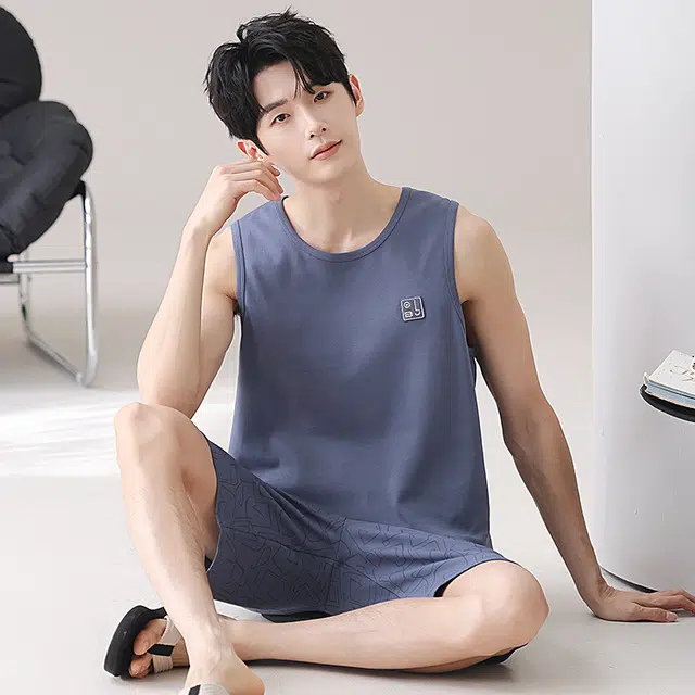 俏佳人 纯棉舒适透气休闲背心家居服睡衣套装 男款