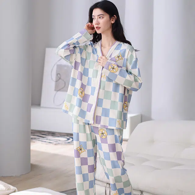 俏佳人 亲肤透气柔软舒适吸湿排汗开衫长袖长裤睡衣套装 女款 图片色