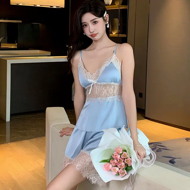 俏佳人 性感带胸垫无袖吊带镂空蕾丝凉感透气亲肤纯色家居服睡衣套装 女款