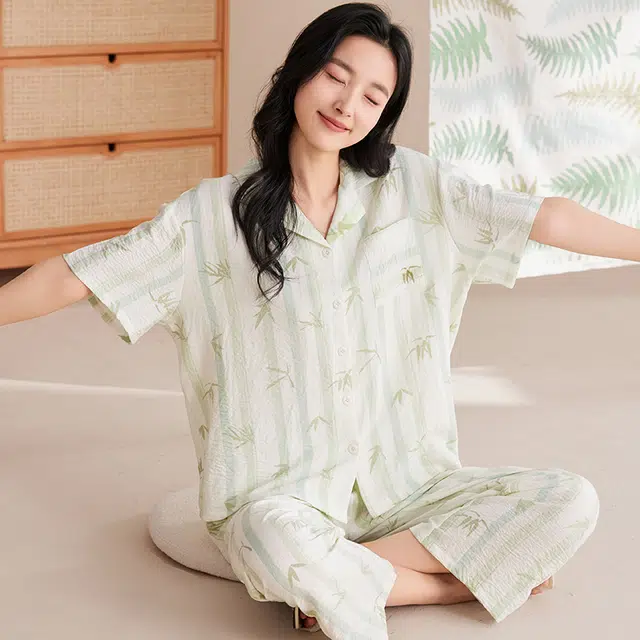 俏佳人 植物印花三件套舒适开衫透气亲肤短袖家居服睡衣套装 女款