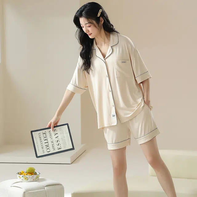 俏佳人 柔软亲肤基础休闲开衫慵懒宽松短袖五分裤家居服睡衣套装 女款