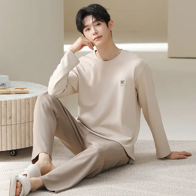 俏佳人 纯棉套头圆领休闲宽松可外穿家居服纯色柔软亲肤舒适透气长袖长裤睡衣套装 男款