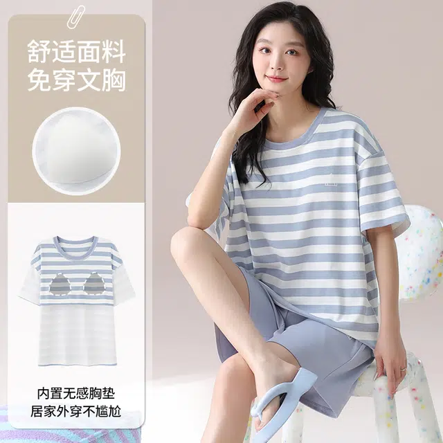 俏佳人 纯棉带胸垫条纹圆领套头舒适透气慵懒休闲可外穿短袖短裤家居服睡衣套装 女款