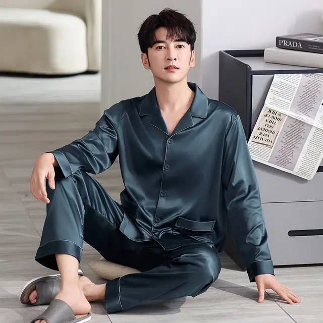 俏佳人 丝滑冰丝高级感开衫翻领纯色简约休闲亲肤透气舒适家居服长袖长裤睡衣套装 男款