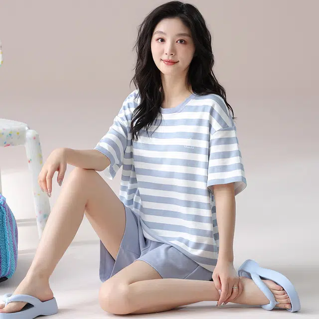 俏佳人 纯棉带胸垫条纹圆领套头舒适透气慵懒休闲可外穿短袖短裤家居服睡衣套装 女款