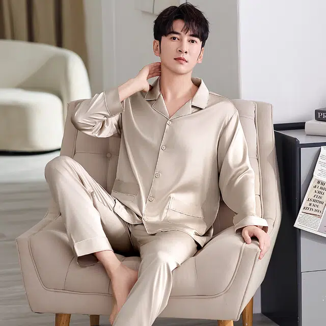 俏佳人 丝滑冰丝高级感开衫翻领纯色简约休闲亲肤舒适透气长袖长裤家居服睡衣套装 男款