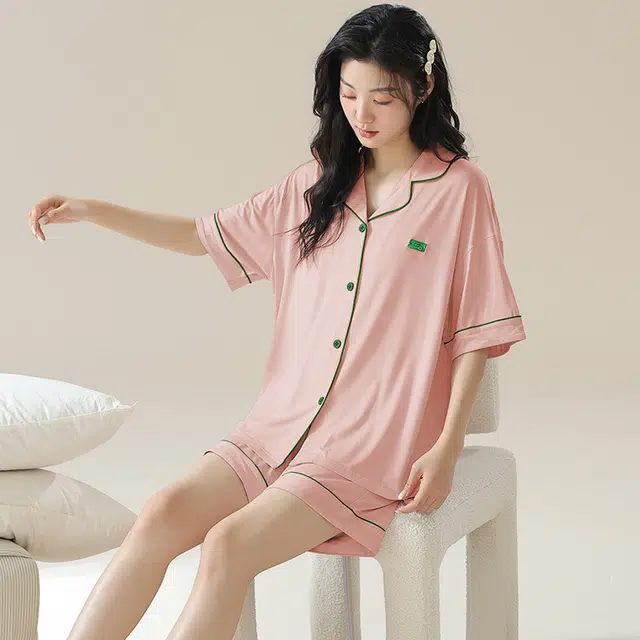 俏佳人 亲肤柔软基础休闲开衫慵懒宽松短袖短裤家居服睡衣套装 女款