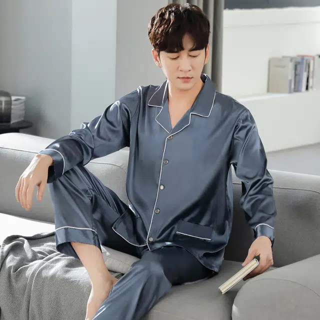 俏佳人 丝滑冰丝高级感翻领开衫简约纯色休闲家居服亲肤舒适透气长袖长裤睡衣套装 男款