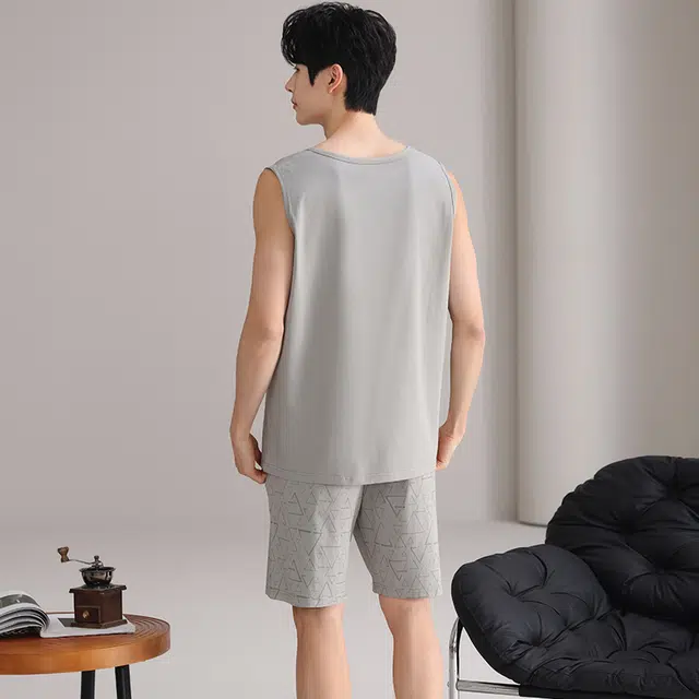 俏佳人 纯棉舒适透气休闲慵懒风简约套头可外穿背心家居服睡衣套装 男款