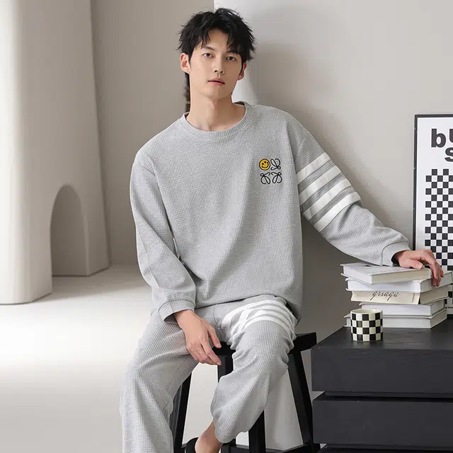 俏佳人 华夫格纯棉简约宽松休闲可外穿圆领套头柔软舒适透气家居服长袖长裤睡衣套装 男款