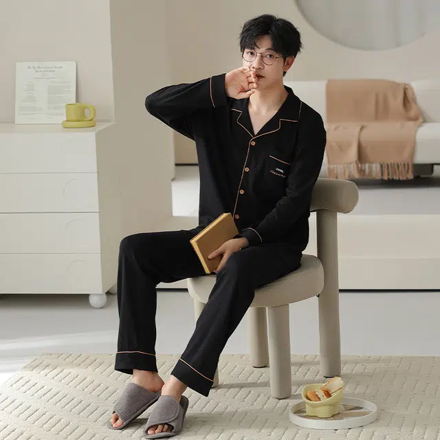 俏佳人 弹力拉架棉开衫简约基础宽松慵懒风舒适透气亲肤可外穿家居服睡衣套装 男款