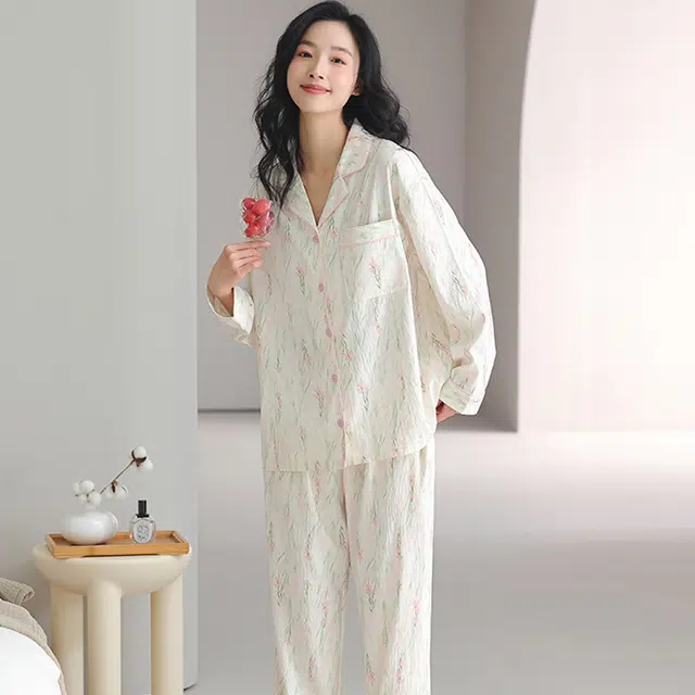 俏佳人 云朵棉系列 甜美开衫翻领花卉条纹舒适亲肤透气休闲宽松长袖长裤家居服睡衣套装 女款