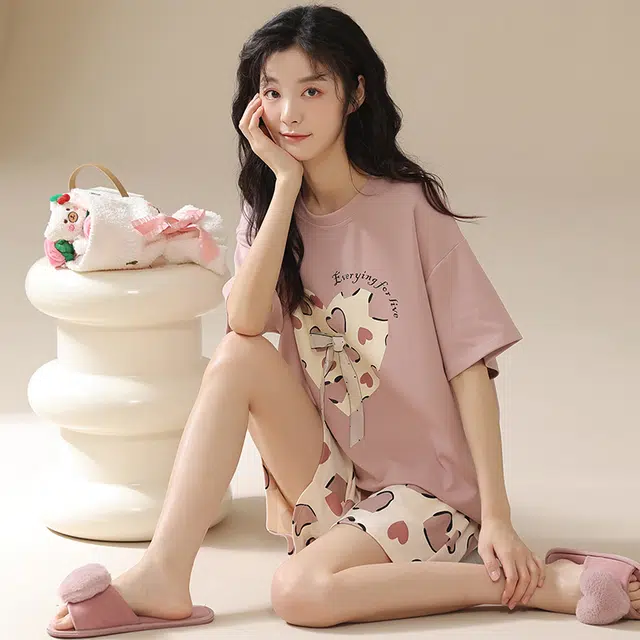 俏佳人 柔软亲肤休闲可外穿套头短袖短裤慵懒家居服睡衣套装 女款