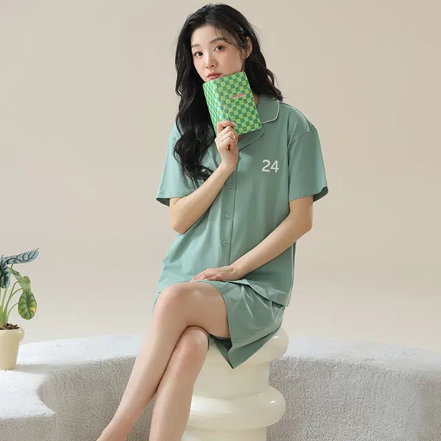 俏佳人 柔软亲肤基础休闲开衫慵懒短袖家居服睡衣套装 女款