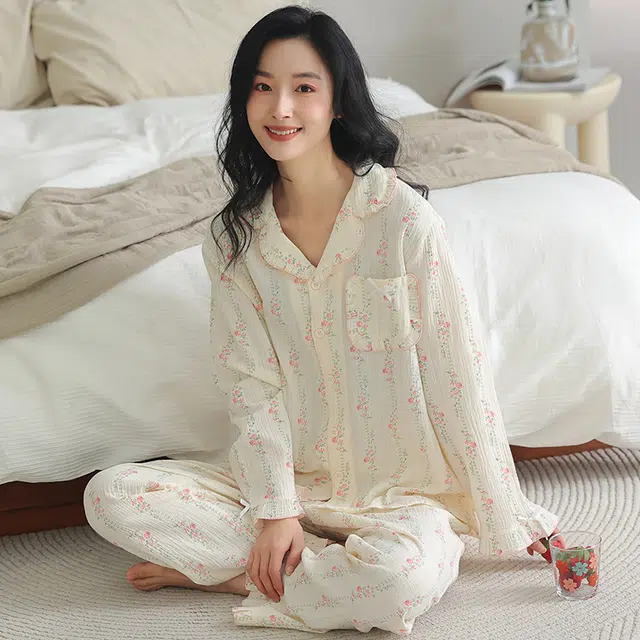 俏佳人 云朵棉系列 甜美开衫翻领花卉条纹舒适亲肤透气休闲宽松长袖长裤家居服睡衣套装 女款
