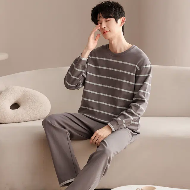 俏佳人 纯棉圆领套头基础条纹休闲宽松柔软舒适可外穿长袖长裤家居服睡衣套装 男款