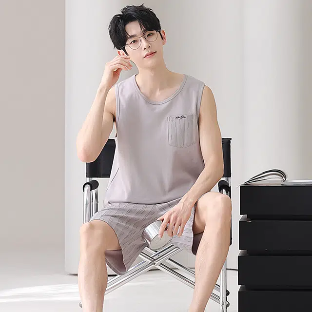 俏佳人 纯棉舒适透气慵懒休闲背心家居服睡衣套装 男款