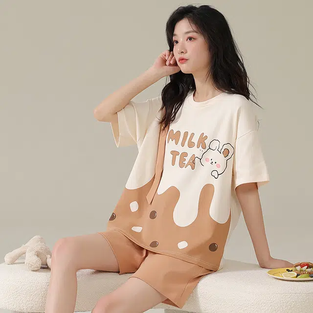 俏佳人 卡通柔软亲肤休闲可外穿套头短袖慵懒家居服睡衣套装 女款