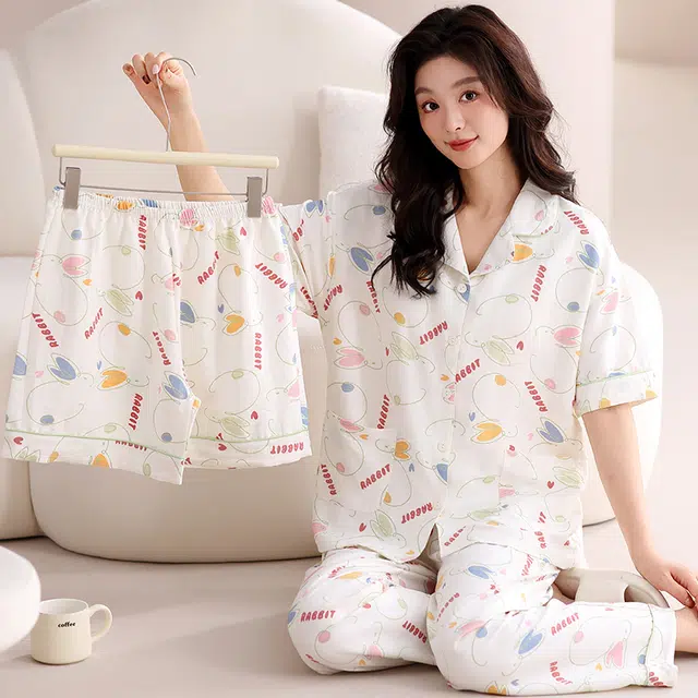 俏佳人 带胸垫卡通印花三件套舒适开衫透气亲肤短袖家居服睡衣套装 女款