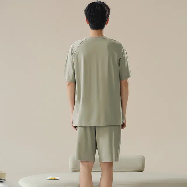 俏佳人 垂感柔软亲肤纯色透气基础休闲短袖慵懒家居服睡衣套装 男款