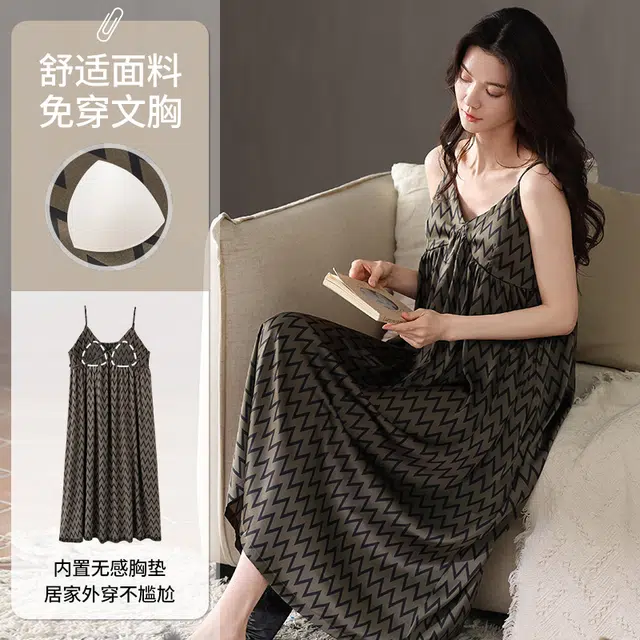 俏佳人 带胸垫高级感凉感吊带无袖休闲舒适透气家居服睡裙 女款