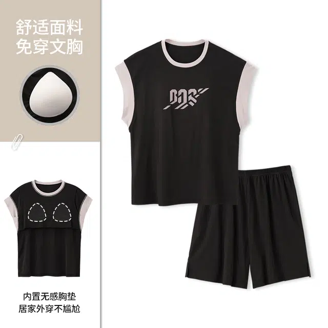 俏佳人 带胸垫套头运动风可外穿短袖休闲舒适透气家居服垂感亲肤睡衣套装 女款