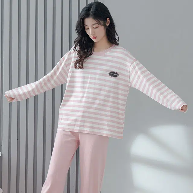 俏佳人 纯棉圆领套头基础条纹休闲宽松舒适亲肤透气长袖长裤可外穿家居服睡衣套装 女款