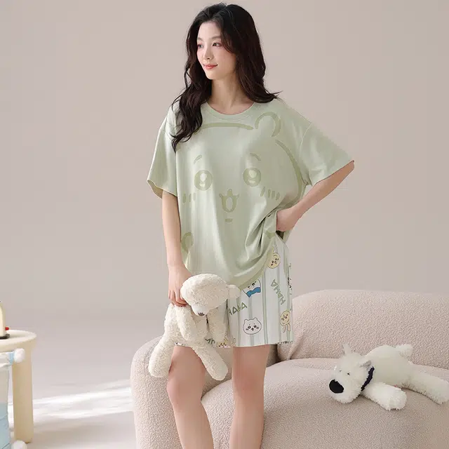 俏佳人 纯棉套头舒适慵懒短袖透气休闲家居服柔软亲肤睡衣套装 女款