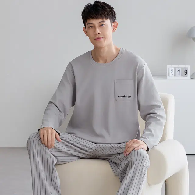 俏佳人 纯棉简约纯色圆领套头可外穿家居服舒适亲肤透气长袖长裤睡衣套装 男款