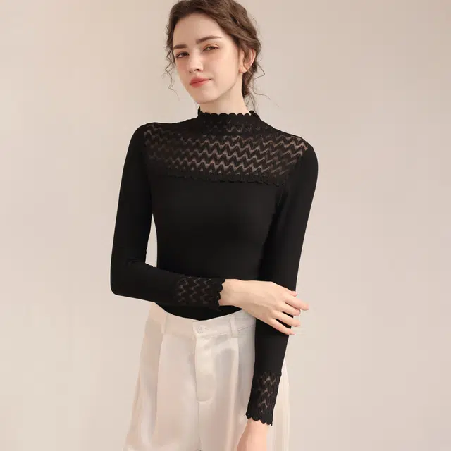 俏佳人 秋冬半高领可内外穿搭蕾丝衣领针织时尚修身保暖上衣 女款