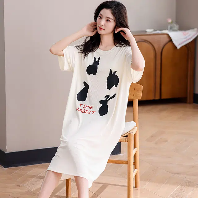 俏佳人 带胸垫垂感亲肤舒适休闲慵懒风可外穿透气短袖家居服睡裙 女款