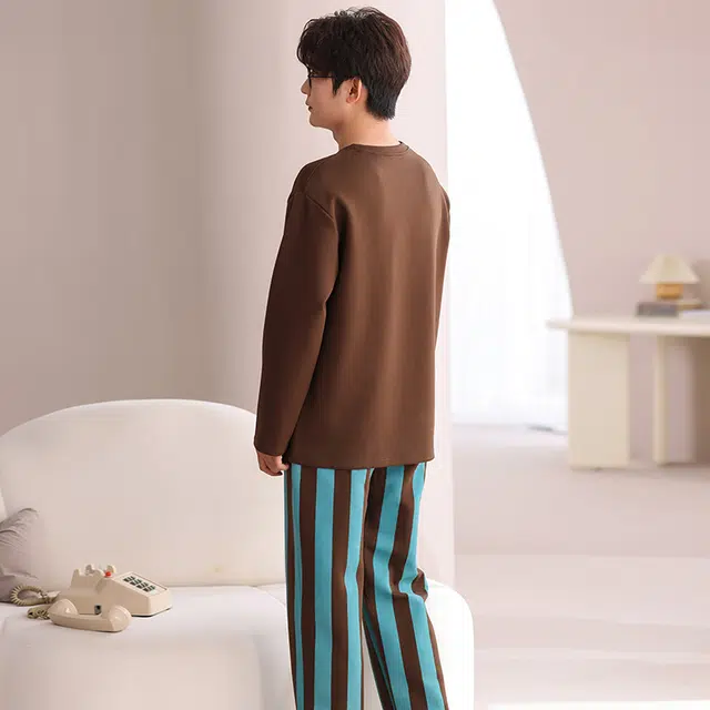 俏佳人 纯棉圆领套头卡通条纹休闲舒适可外穿长袖长裤时尚家居服睡衣套装 男款