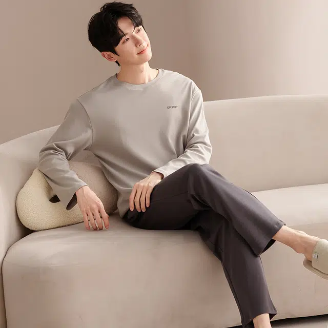 俏佳人 纯棉圆领套头纯色基础休闲宽松柔软舒适可外穿长袖长裤家居服睡衣套装 男款