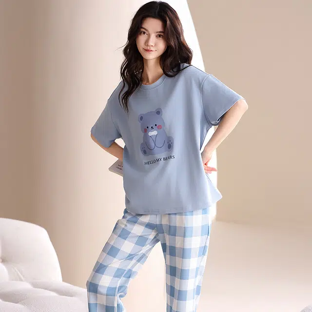 俏佳人 纯棉柔软亲肤透气简约休闲短袖慵懒家居服睡衣套装 女款