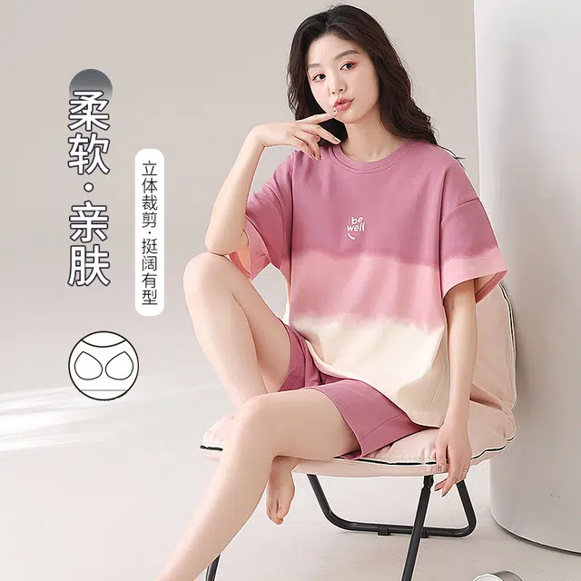 俏佳人 纯棉带胸垫圆领套头舒适透气慵懒休闲可外穿短袖短裤家居服睡衣套装 女款