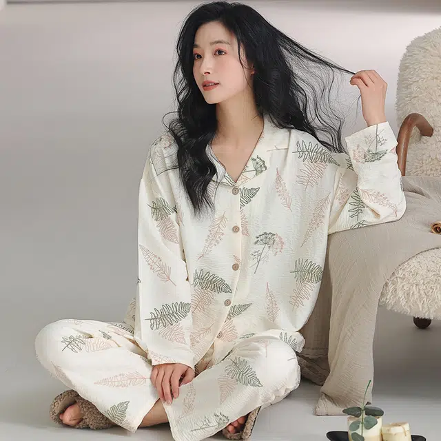 俏佳人 云朵棉系列 开衫翻领田园风亲肤舒适透气休闲宽松长袖长裤家居服睡衣套装 女款