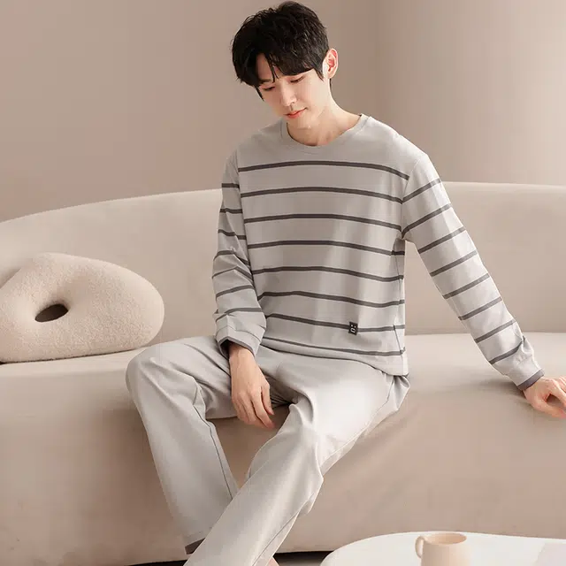 俏佳人 纯棉圆领套头纯色基础条纹休闲宽松柔软舒适可外穿家居服长袖长裤睡衣套装 男款