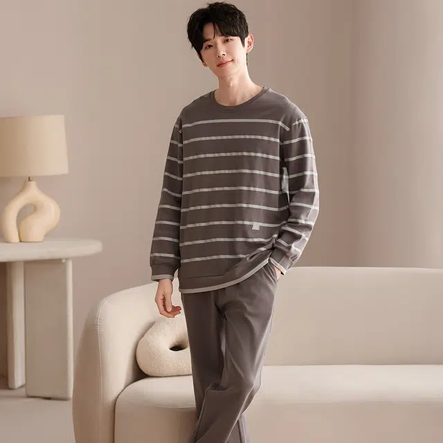 俏佳人 纯棉圆领套头基础条纹休闲宽松柔软舒适可外穿长袖长裤家居服睡衣套装 男款