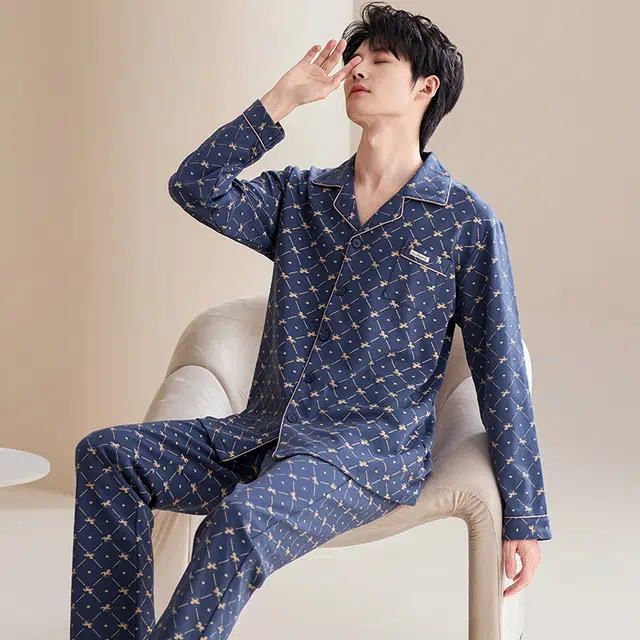 俏佳人 翻领开衫简约时尚舒适透气长袖长裤家居服睡衣套装 男款 宝蓝色