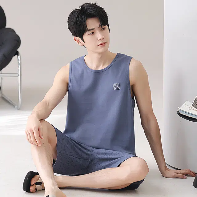 俏佳人 纯棉舒适透气休闲背心家居服睡衣套装 男款