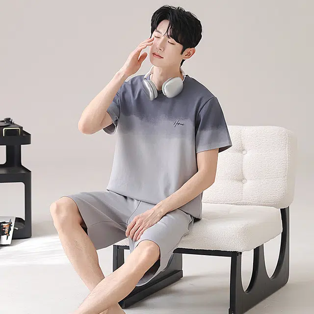 俏佳人 纯棉休闲慵懒短袖舒适透气基础家居服睡衣套装 男款