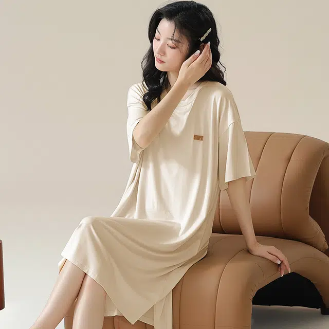 俏佳人 带胸垫垂感舒适柔软亲肤透气纯色休闲短袖慵懒家居服睡裙 女款