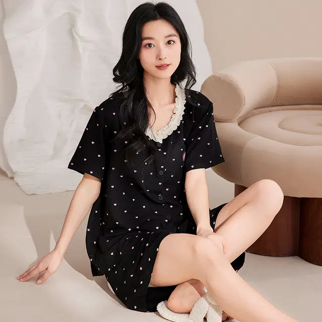 俏佳人 简约甜美舒适开衫透气亲肤短袖家居服睡衣套装 女款