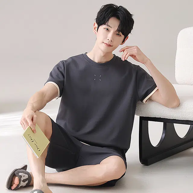 俏佳人 纯棉慵懒短袖舒适透气基础家居服纯色休闲睡衣套装 男款